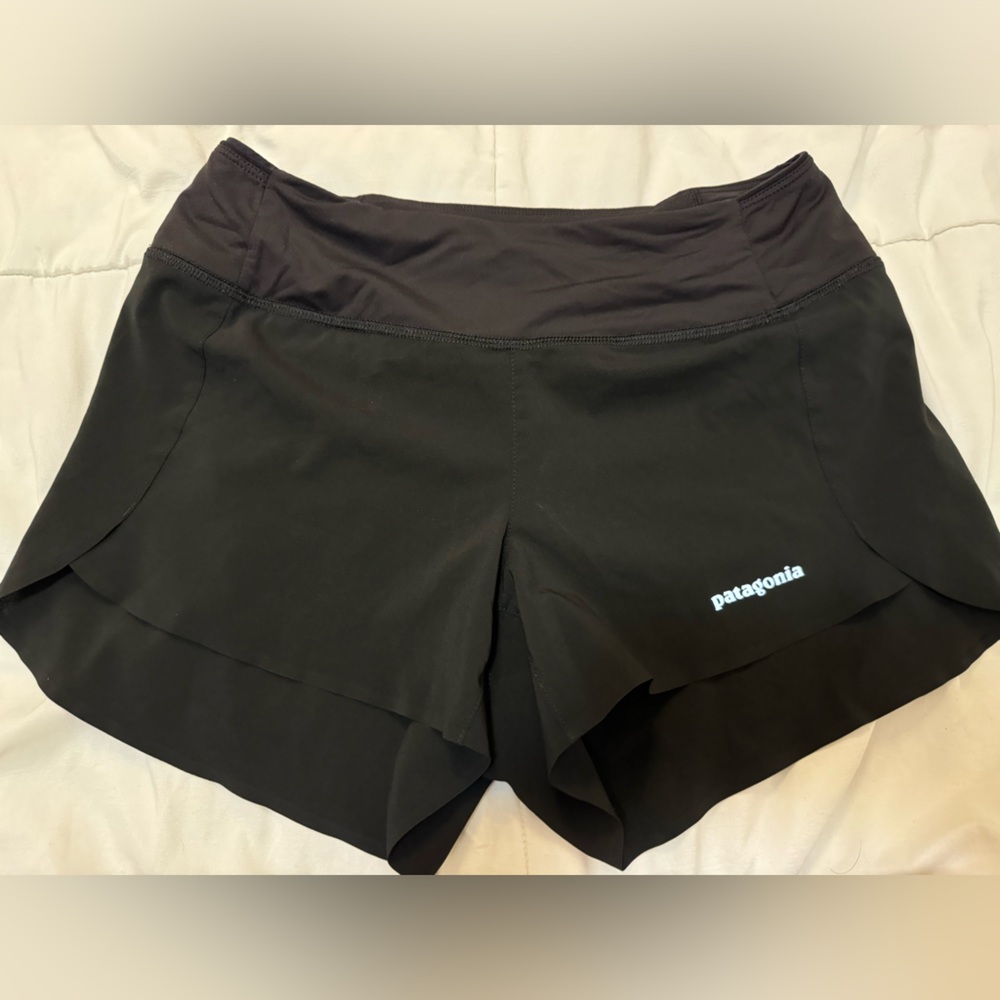 Patagonia black running shorts, lightweight, quick-drying, excellent condition.